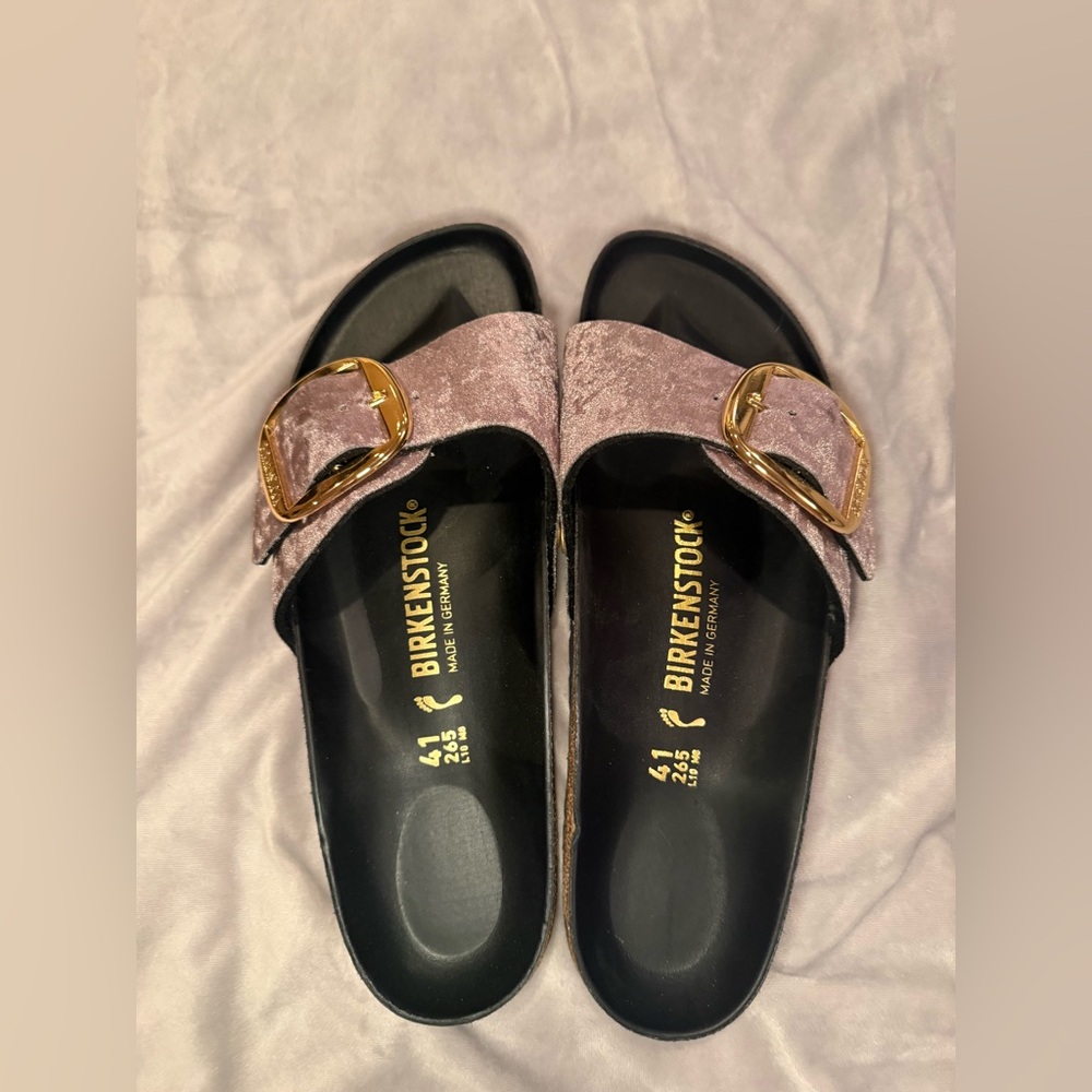 Birkenstock New w/o Box Madrid Big Buckle Rivet Logo Taupe Grey Velvet Exquisite - Picture 4 of 10